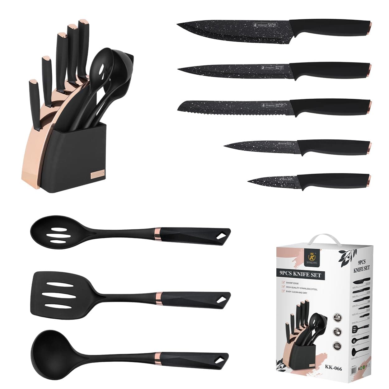 Utaki Kitchen Utensil Slicing Bread Paring Utility Slotted Slotted and Stand 9-Piece Set Chef's Knife, Knife, Knife, Knife, Knife, Ladle, Spatula,