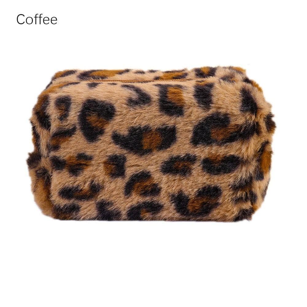 Large Capacity Leopard Print Plush Makeup Bag Cosmetic Storage Bag Zipper Toiletry Bag Wash Pouch Travel Organizer coffee
