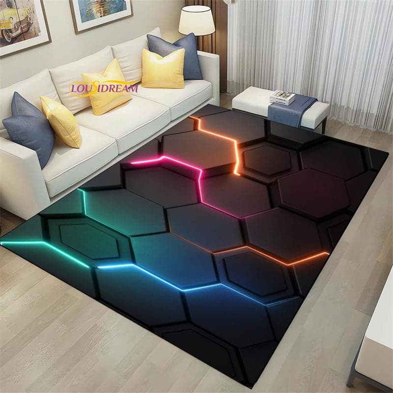 3D Geometric Carpet Neon Lights Rugs Hexagons Carpets for Home Play Gaming Room Decor Livingroom Bedroom Teens E-Sport Rug Mat 60cm x 90cm