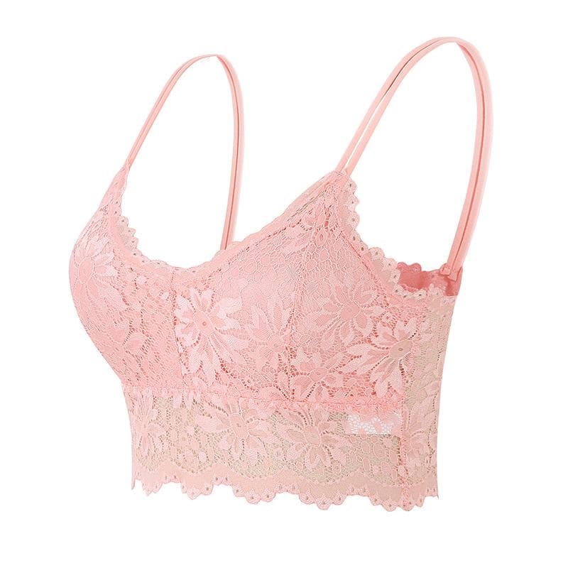 32A-95C Women Sleeveless Lace Vest Bra Cropped Top Camisole Padded Tank Tops Fitness Underwear Floral Lace Bralette 7 Colors S/M pink
