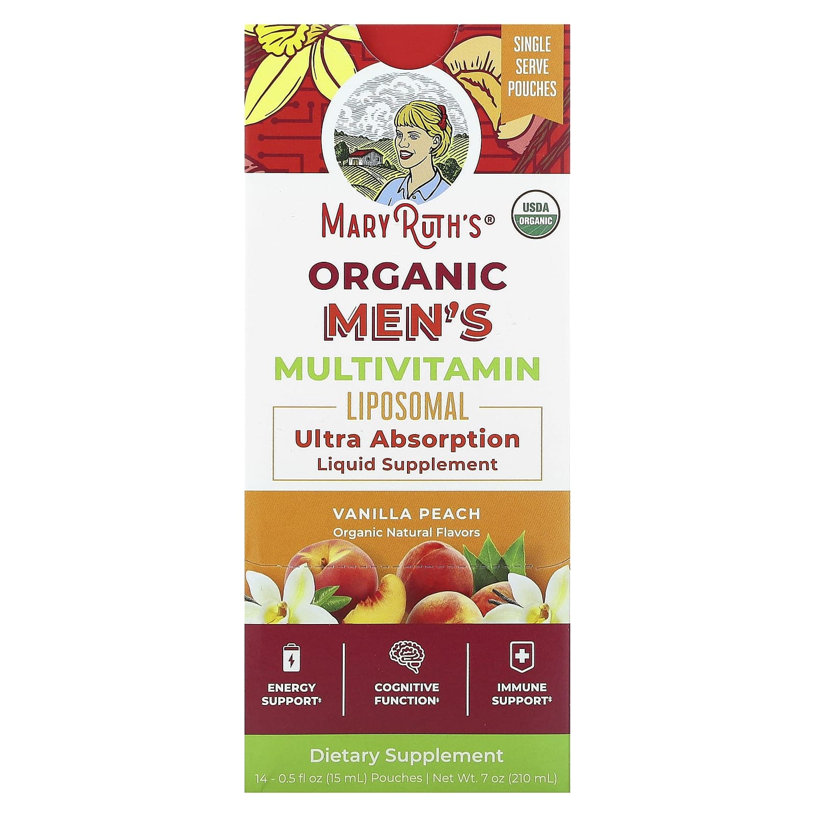 MaryRuth's, Organic Men's Multivitamin Liposomal, Vanilla Peach, 14 Count, 0.5 fl oz (15 ml) Each