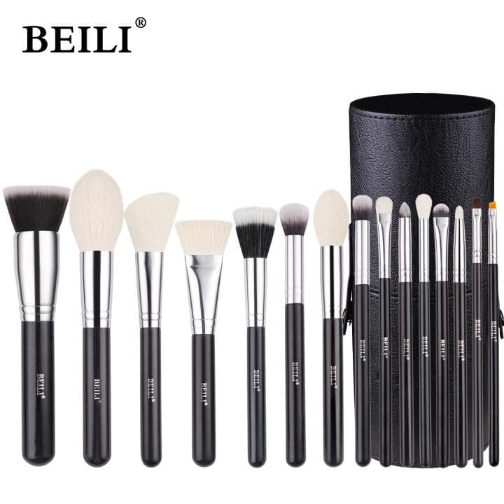 BEILI Makeup Brushes 15pcs Professional Premium Synthetic Goat Hair Kabuki Foundation Blending Face Powder Blush Concealers Eye Shadows With Holder 15pcs+holder black