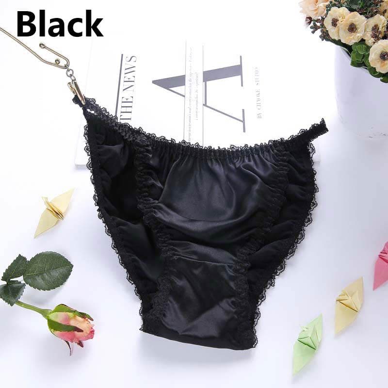 Women Underwear Soft Silk Satin Silk Panties Lingerie Lace Knickers G-String Summer Briefs 2XL black