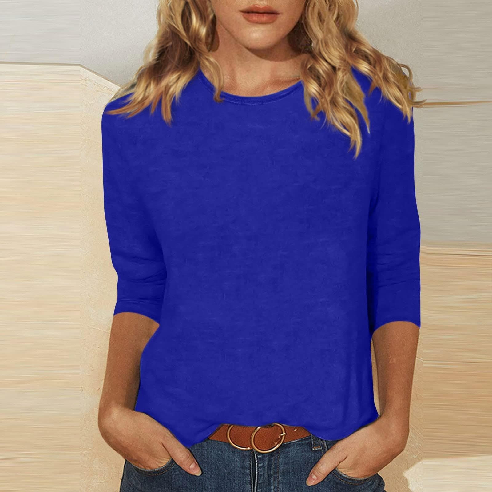 Women's Fashion Daily Versatile Casual O-Neck Three Quarter Sleeve Printed Top M blue
