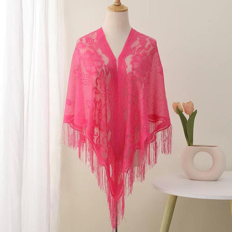 Hollow Out Shawl New Triangle Spring and Autumn Solid Color Cardigan Breathable and Fashionable Lace Outer Scarf rose red