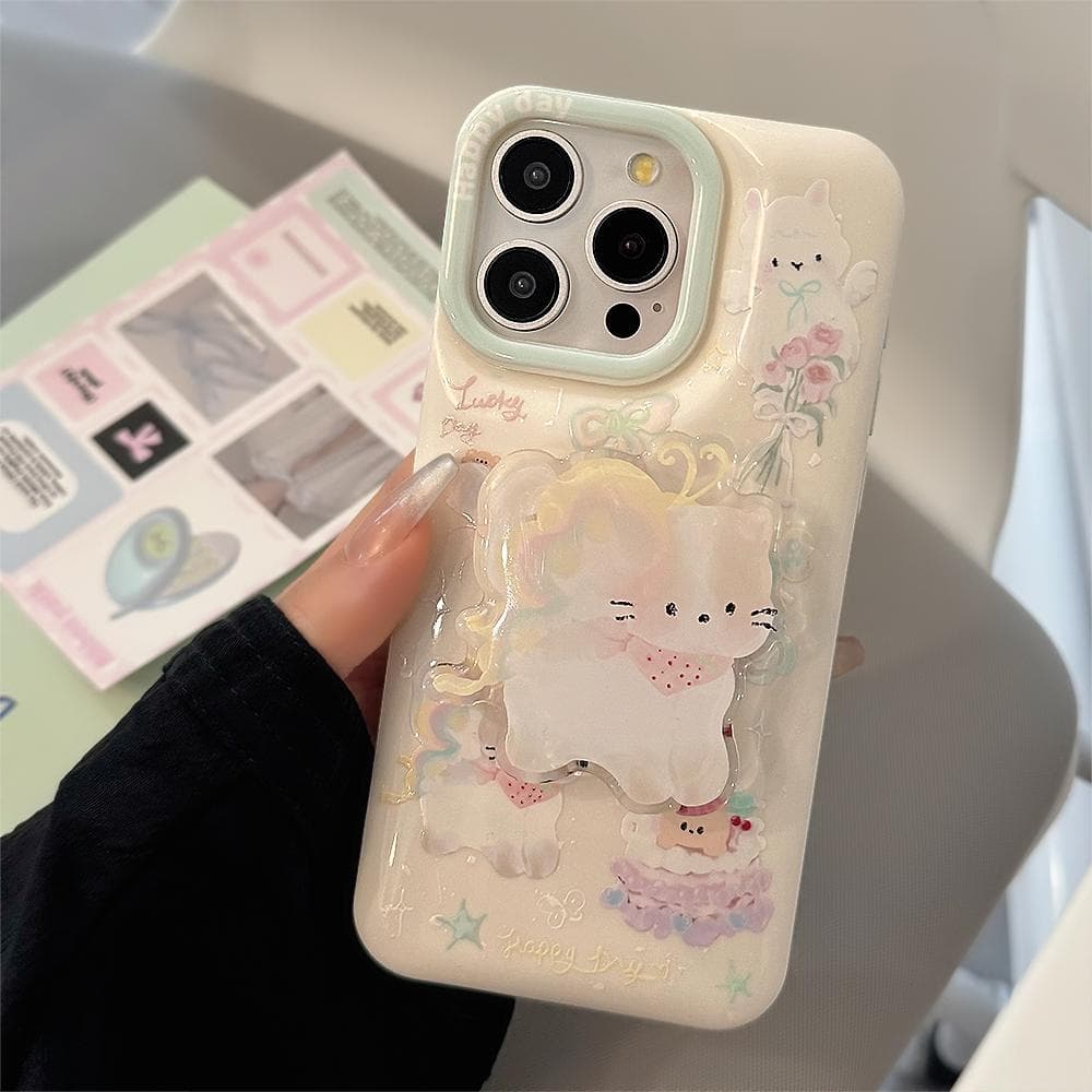 Rose Angel Meow Phone Case For iPhone 15 14 13 12 11 Pro Max Plus Light Oil Angel Cat Bracket Protection Back Cover For iPhone 11 ProMax