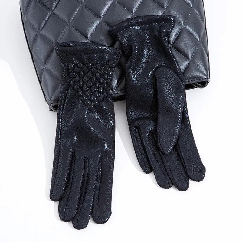 Winter Women's Leather Gloves Imitation Snakeskin Pattern Touch Screen Gloves Plus Velvet Warm Riding Gloves black