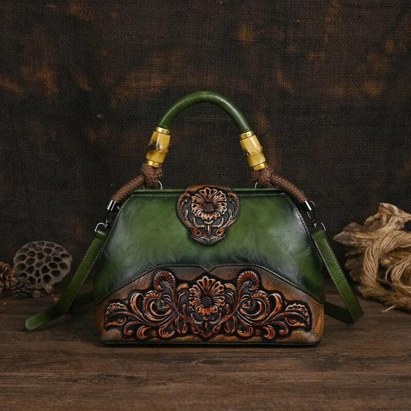 Ladies Luxury Handbag 2024 New Vintage Handmade Leather Carved Women Tote Bag Versatile Female Shopping Shoulder Crossbody Bags green