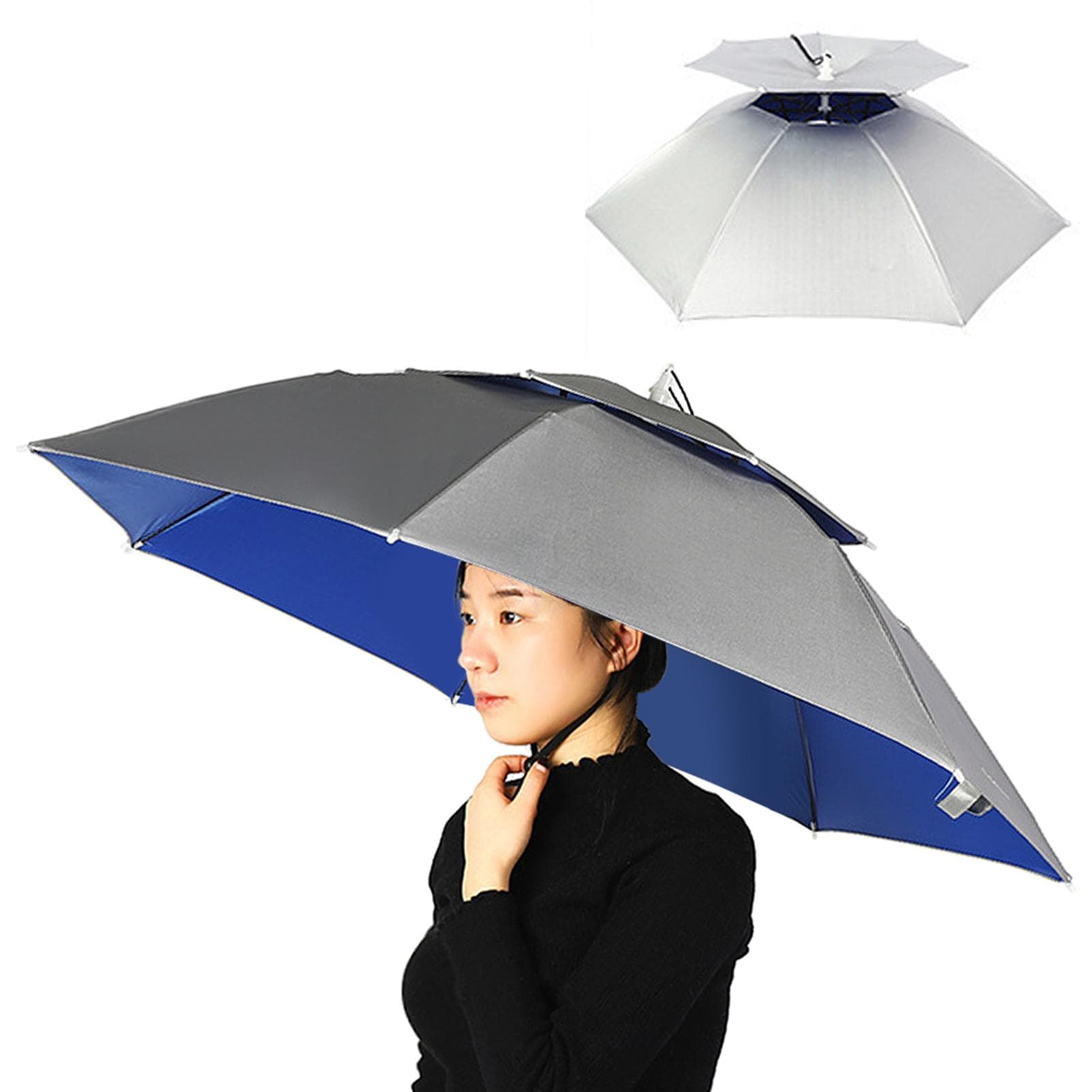 Double Layer Umbrella Hat Women Men Folding Sun Rain Cap with Adjustable Head Band for Fishing silver