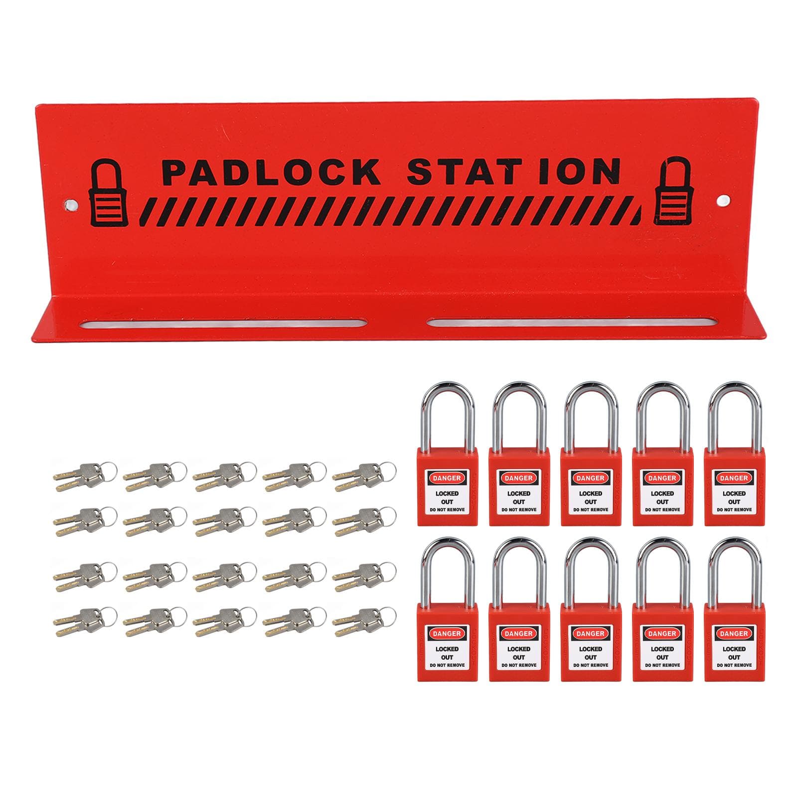 Safety Padlock Station Red Steel Padlock Rack Management Station with 10 Padlock Key Locks for