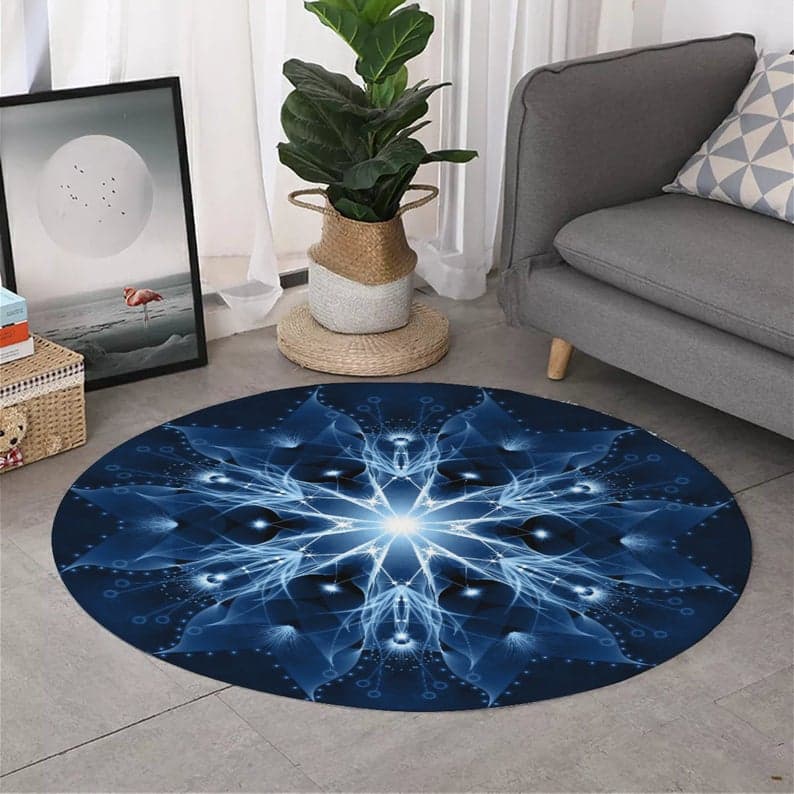 Fire wolf print living room carpet Galaxy wormhole round carpet Electric blue mandala round carpet kitchen bathroom non-slip mat 40CM