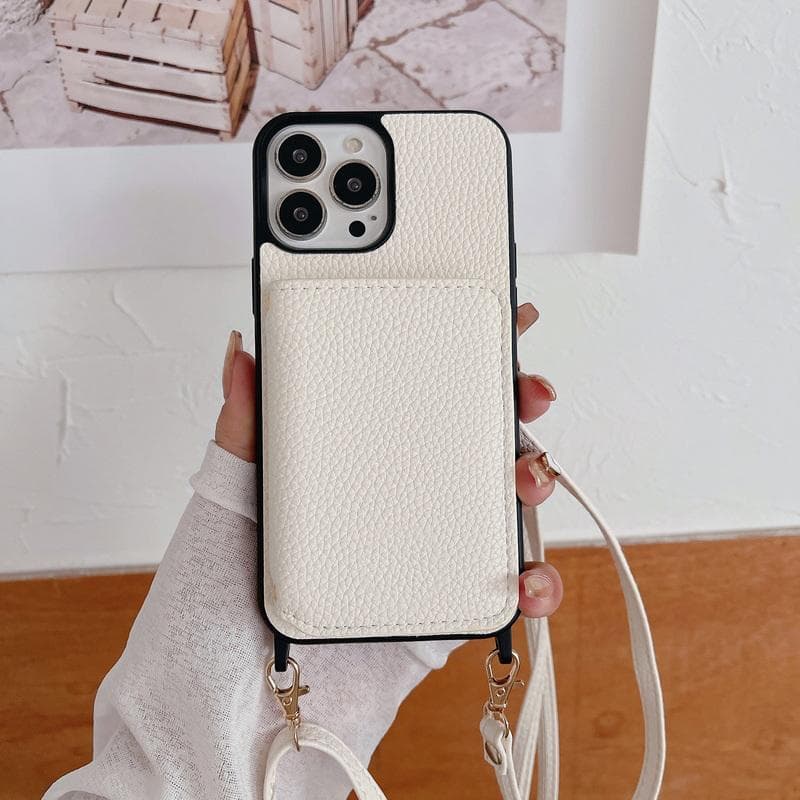 Lanyard Litchi Grain Leather Card Pocket Case For iPhone 16 Pro Max 15 Pro 14 13 12 11 Shockproof Luxury Phone Shell Cover iPhone 13 Pro Max white