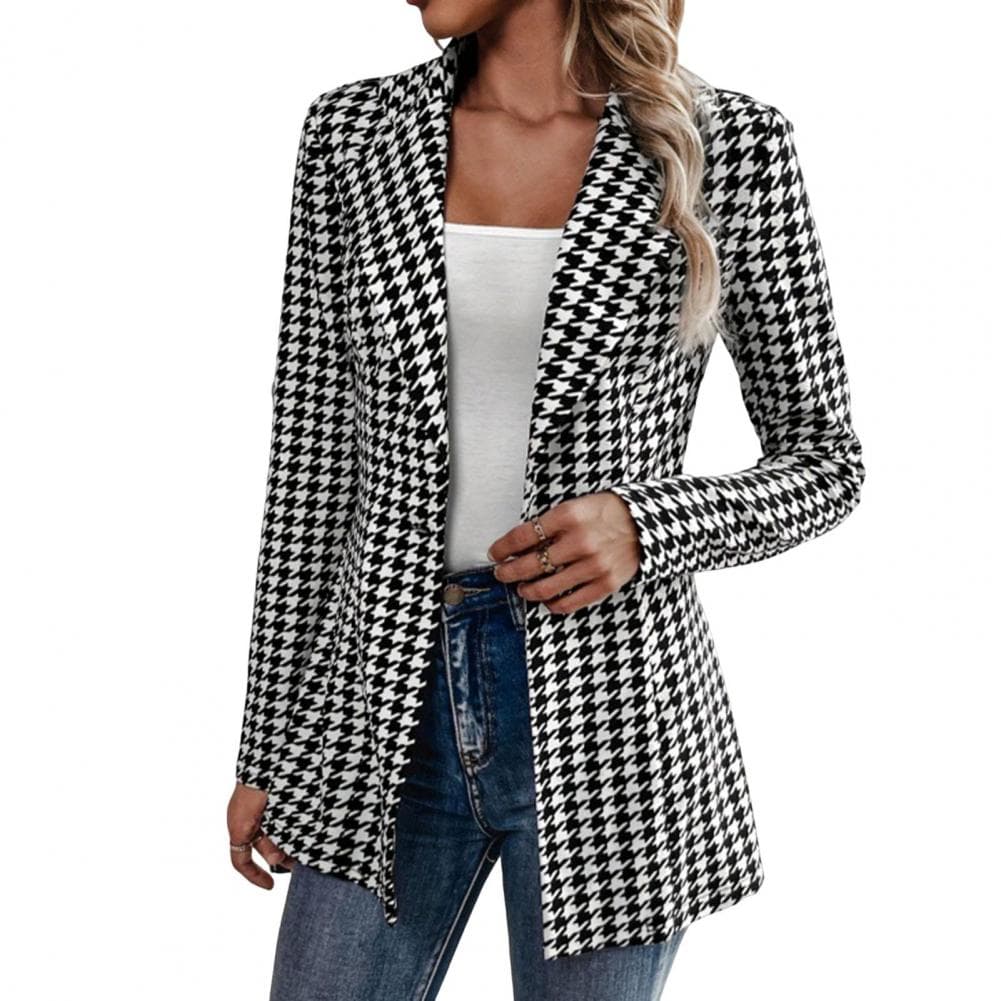 Single Button Suit Jacket Stylish Plaid Print Women's Suit Coat with Notched Lapel Single Button Closure Slim Fit for Trendy L black