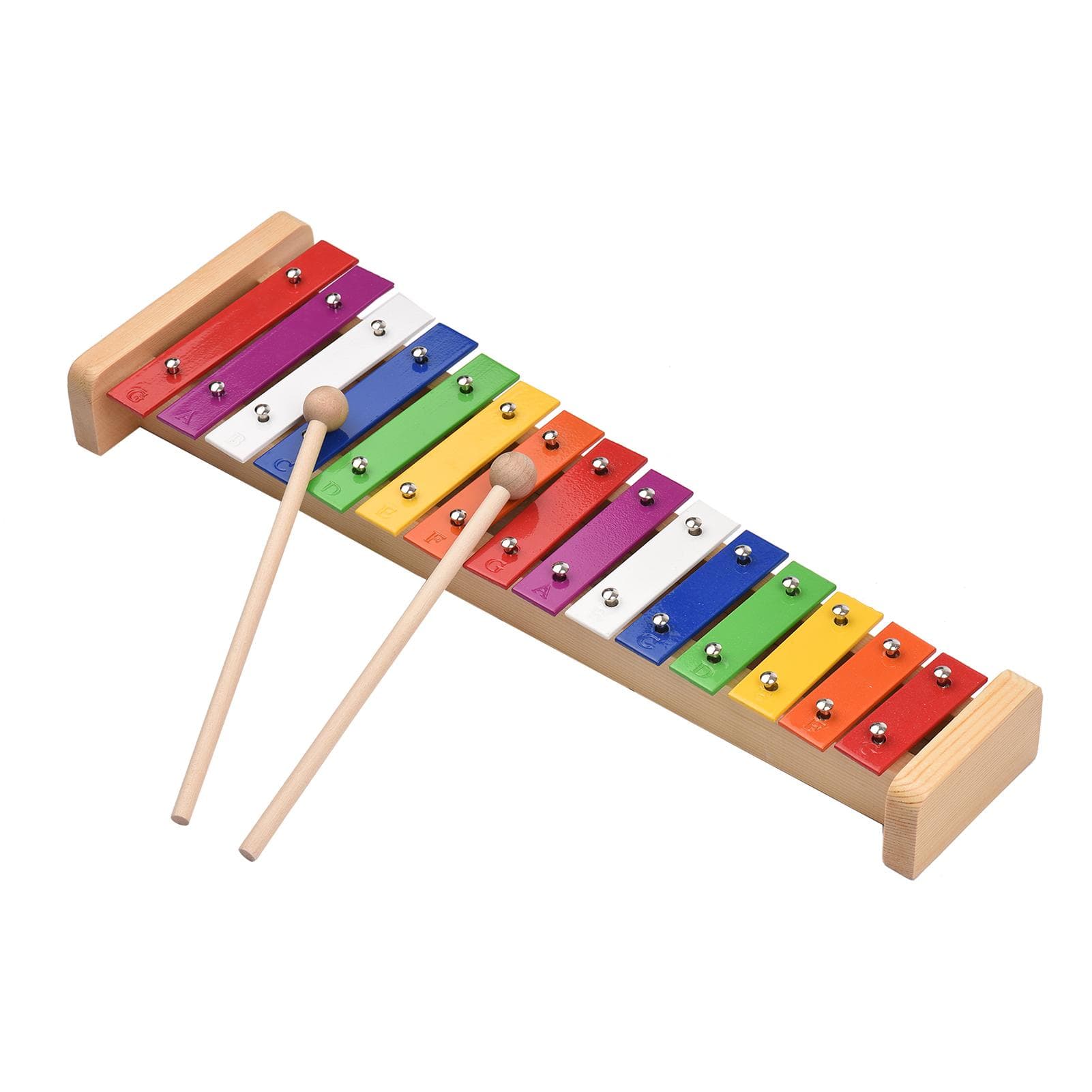 15 Note Glockenspiel Xylophone Wooden Base Colorful Aluminum Bars with 2 Mallets Educational multicolour