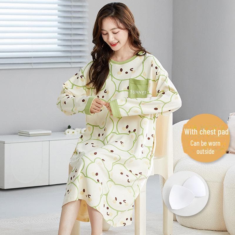 2023 Women's Thin Cotton Long-Sleeve Nightdress with Chest Pads - Autumn/Spring/Winter Anti-Bump Pajamas L (95-110 lbs)