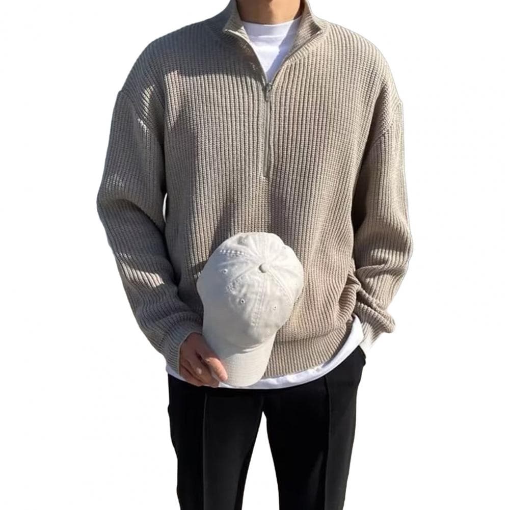 Men Fall Winter Sweater Half Zipper Stand Collar Elastic Knitted Pure Color Pullover Loose Long Sleeves Casual Work School Outdo L grey