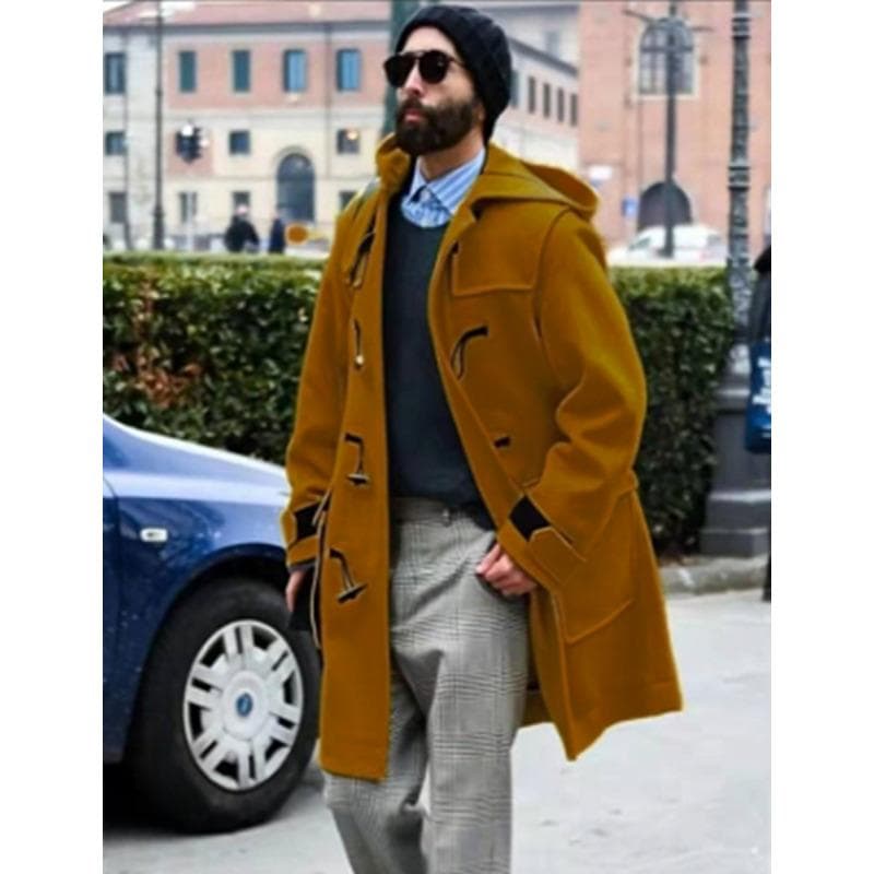 Woolen Coat Men's Horn Buckle Thickened Hooded Jacket Woolen Trench Coat M yellow