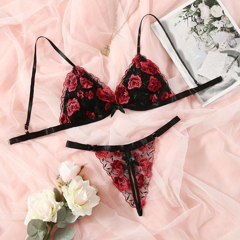 Sexy Lingerie Set Lace Floral Embroidery Underwear Women Sensual Transparent Bra 2-Piece Exotic Set Brassiere Outfits M black