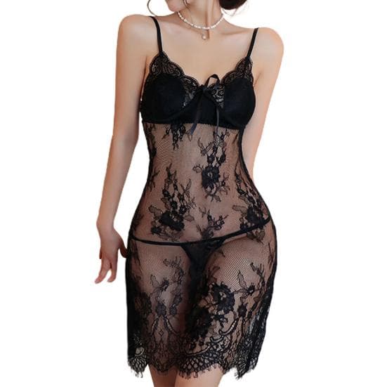 2Pcs/Set Women Black Lace Transparent Nightgown with Padded Wire Sexy Sling See-through Ultra-thin Nightdress with Briefs black