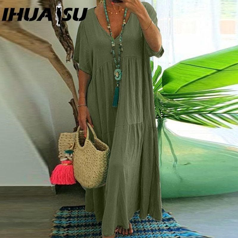 IHUASU Women Summer Fashion Solid V-Neck Plus Size Dress Loose Long Oversized Casual Short Sleeve Dress XXXL army green