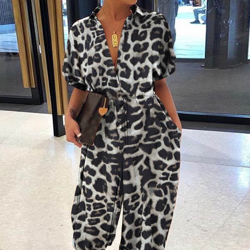 New Leopard Print Jumpsuit Women Retro Women Short Sleeve Button Casual Pants Loose Large Size L