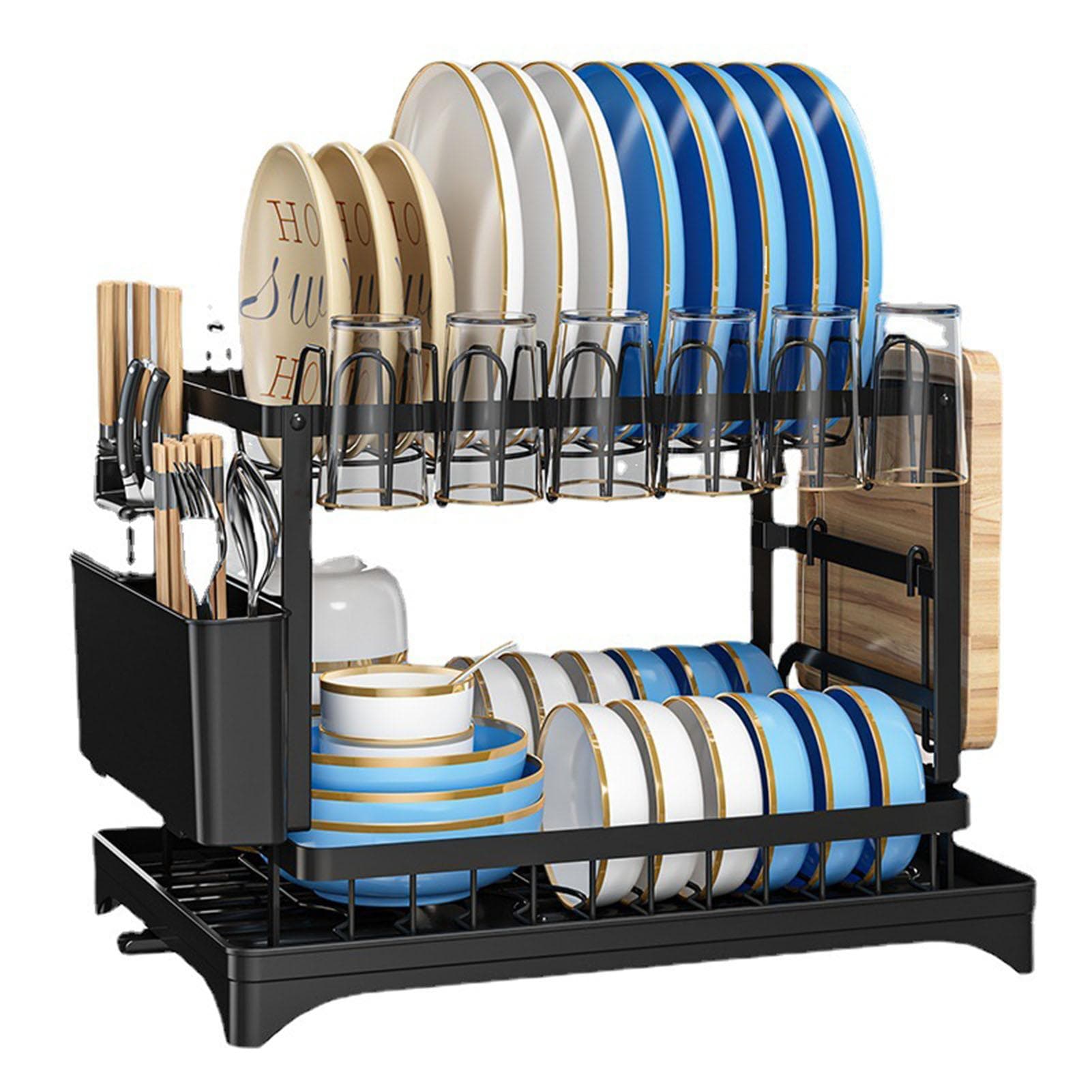 Dish Drying Rack for Countertop Aluminum 2 Tier Dish Rack with Drainboard and Utensil Holder for