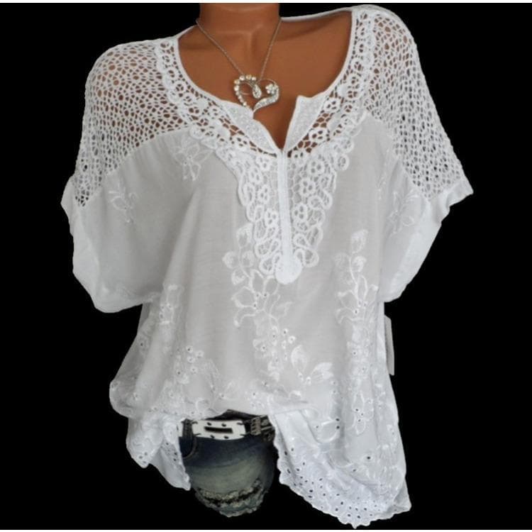 GMXIA Women's Fashion Casual Summer Embroider Solid Color Short Sleeve V-Neck Blouses & Shirts 5XL white