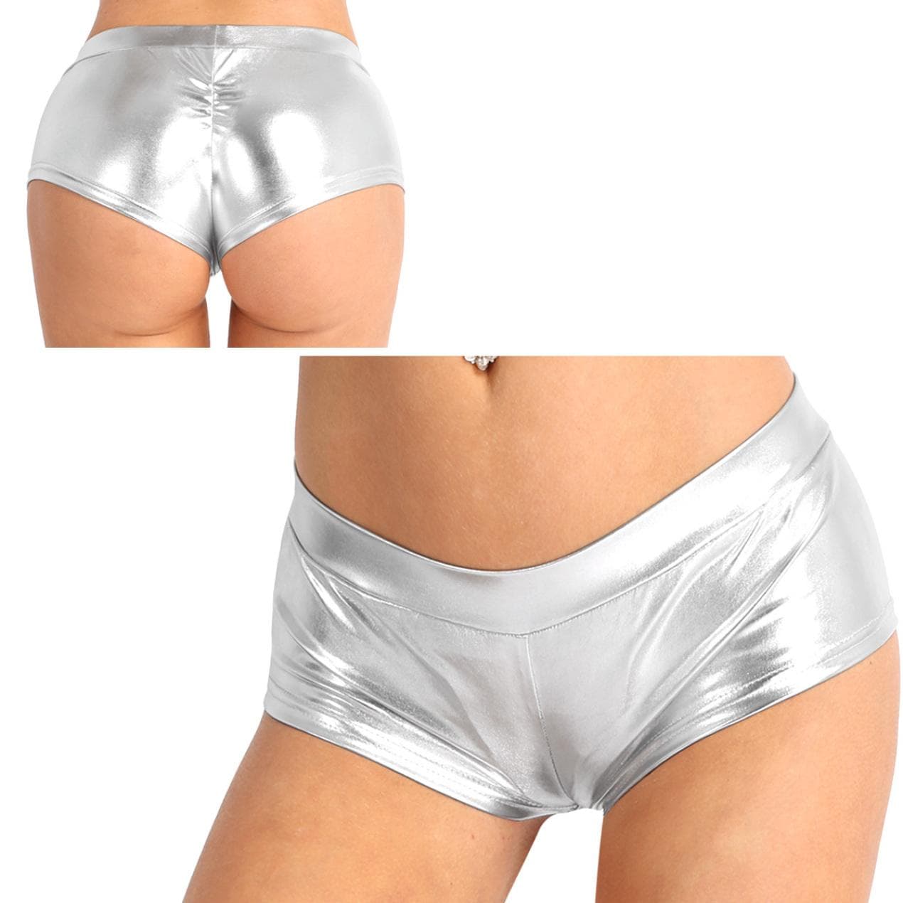 Womens Sexy Shiny Stretchy Metallic Liquid Wet Look High Waist Dance Rave Booty Shorts Hot Pants XL silver