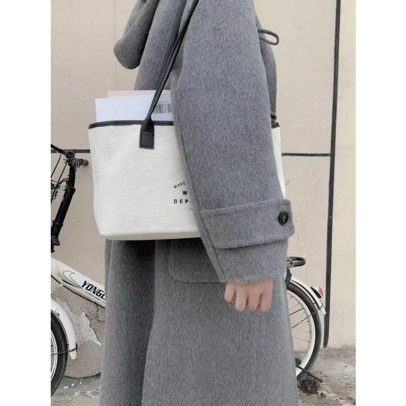 New Style Double-sided Wool Coat with Horn Buttons, College Style Hooded Mid-length Style M