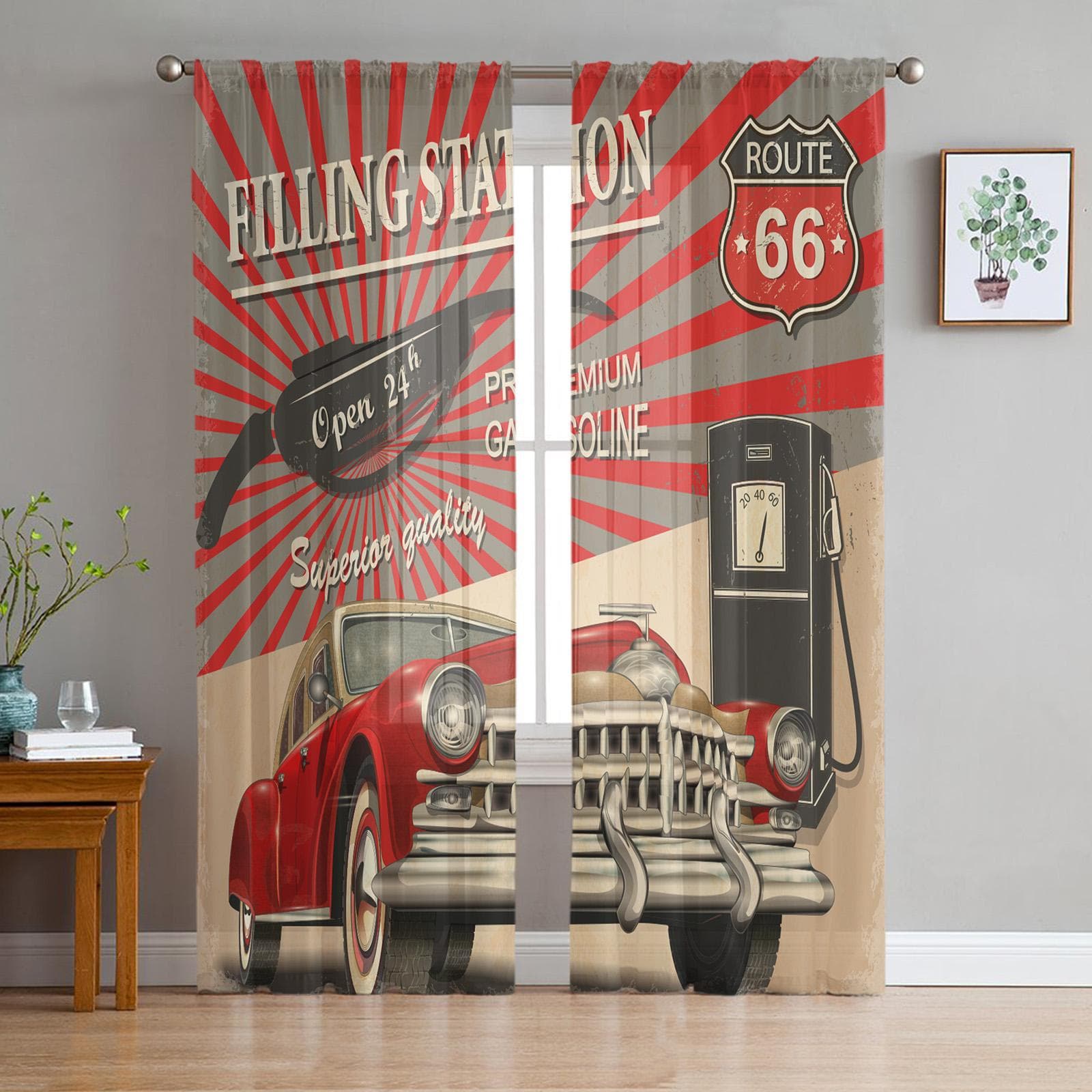 Vintage Roadside Diner Metal Sign Sheer Curtains for Living Room Transparent Tulle Window Curtain Bedroom Kitchen Veil Drapes 135W x 114H(cm)