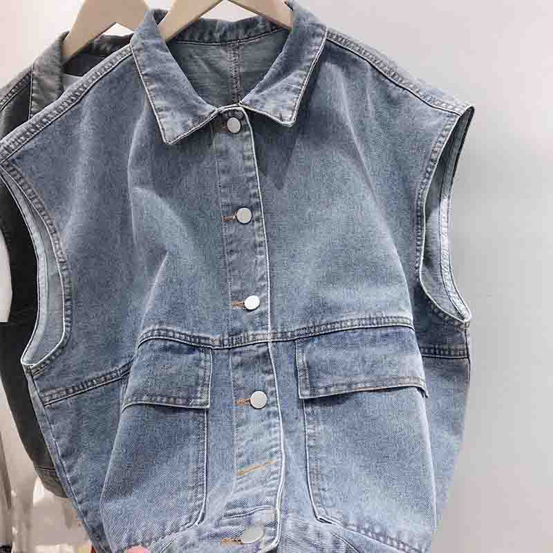 Women Retro Washed BF Wind Tooling Denim Vest Outside Japanese Couple Sleeveless Loose All-match Jacket Casual S