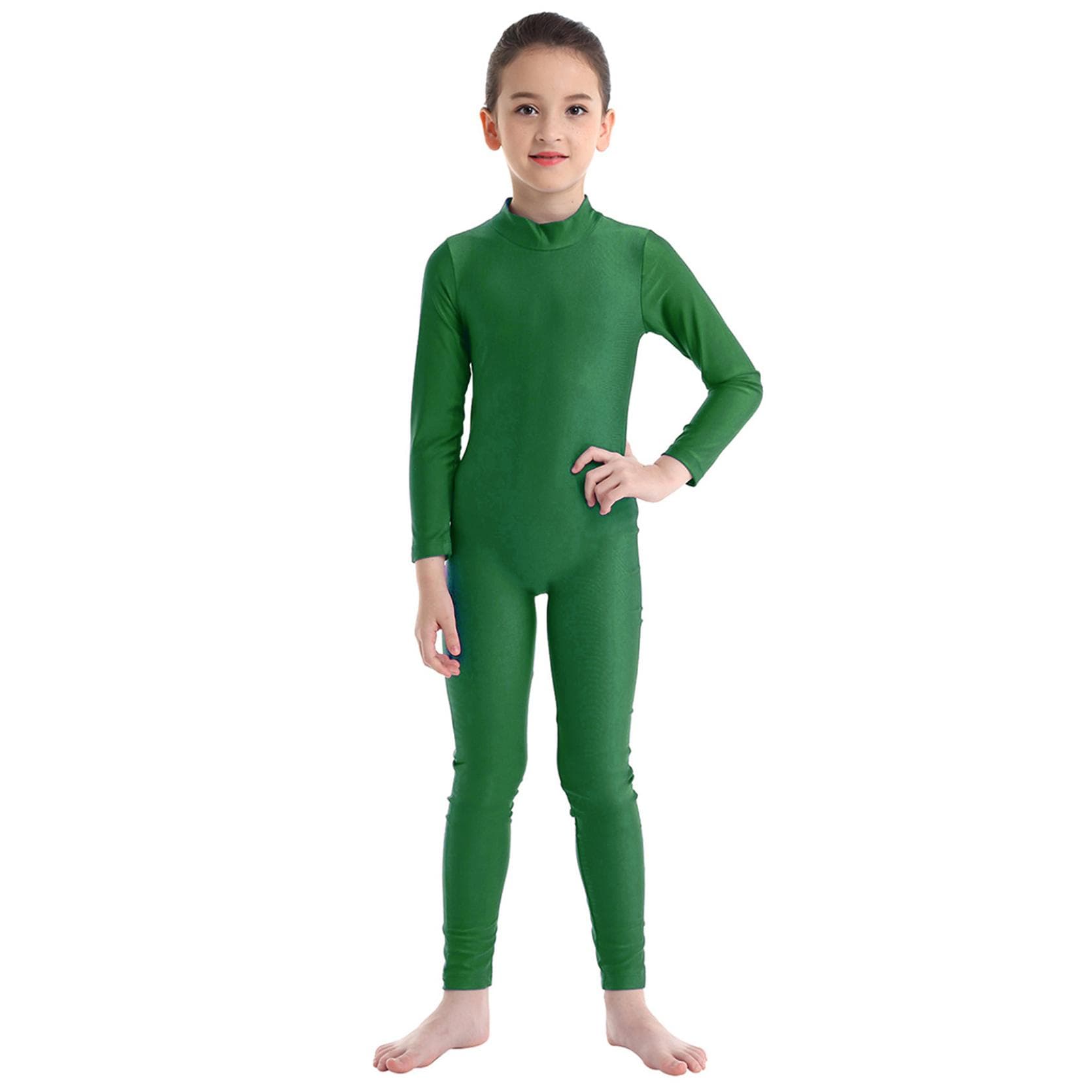 Children's Girls Long Sleeve Dance Gymnastic Leotard Unitard Full Length Bodysuit Catsuit Dancewear Costumes 3-4 Years green