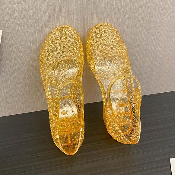 Women's Crystal Jelly Low Heel Sandals Summer Closed Toe Slingback Ankle Strap Sheer Soft Beach Shoes Clear Chunky Slide Glitter Dress Shoes for Women 40 gold