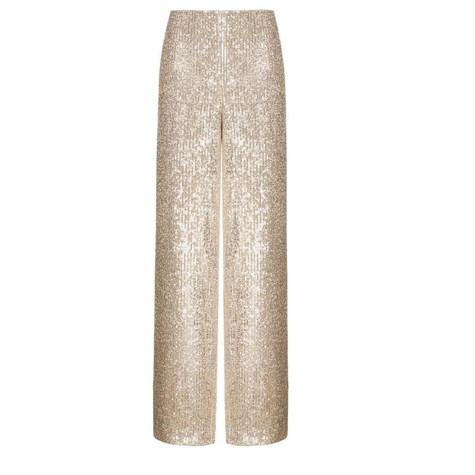 Elastic Waist Straight Leg Pants Women Fashionable Loose Casual Shiny Glitter Sequin Pants for L gold