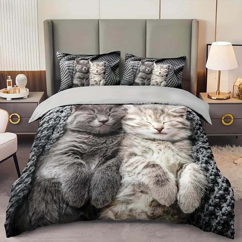 3pcs Cat Animal Duvet Cover Set 3D Cute Pet Cat HD Printing Bedding For Home Dorm Eu Single135x200cm