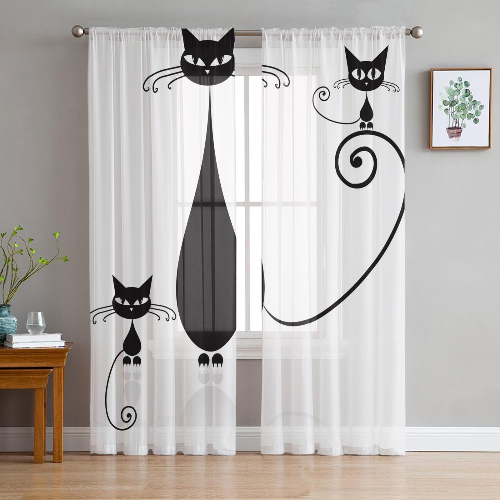 Tulle Curtains for Living Room Cat Black Cute Simple Bedroom Study Window Sheer Curtains Kitchen Balcony Interior Voile Curtains 135W x 160H(cm)