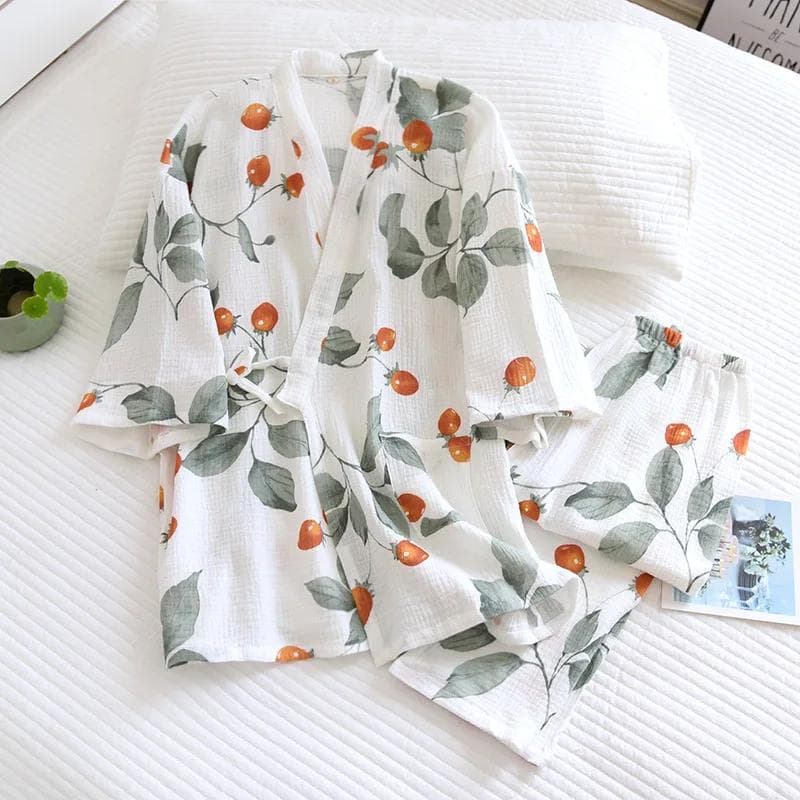 Spring Summer New Japanese Kimono Ladies Cotton Pajamas Two-piece Three-quarter Sleeve Trousers Loose Home Service Set Woman XL