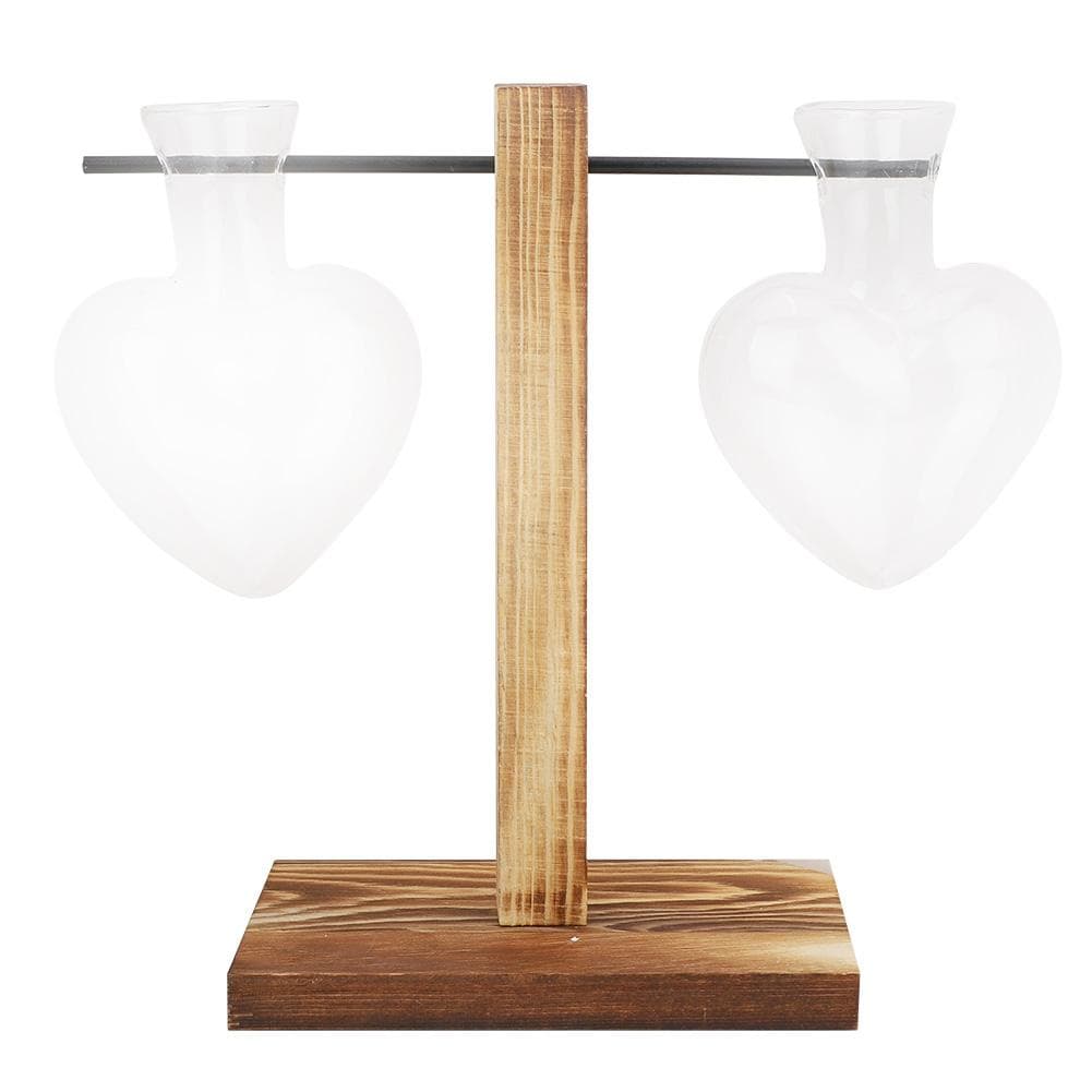 Glass Vase with Wooden Stand Heart Ball Shape Hydroponic Plant Container Tabletop Desk Decor