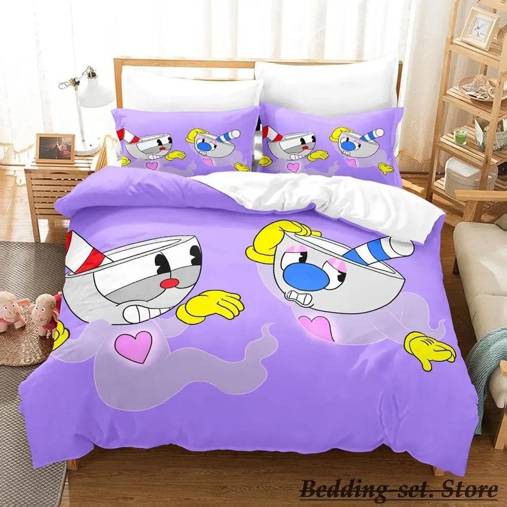 Game Cuphead Mugman Bedding Set Cartoon Anime three-piece set Adult Kid Bedroom Duvetcover Sets 3D Kawaii cama de casal US Twin 173x218cm