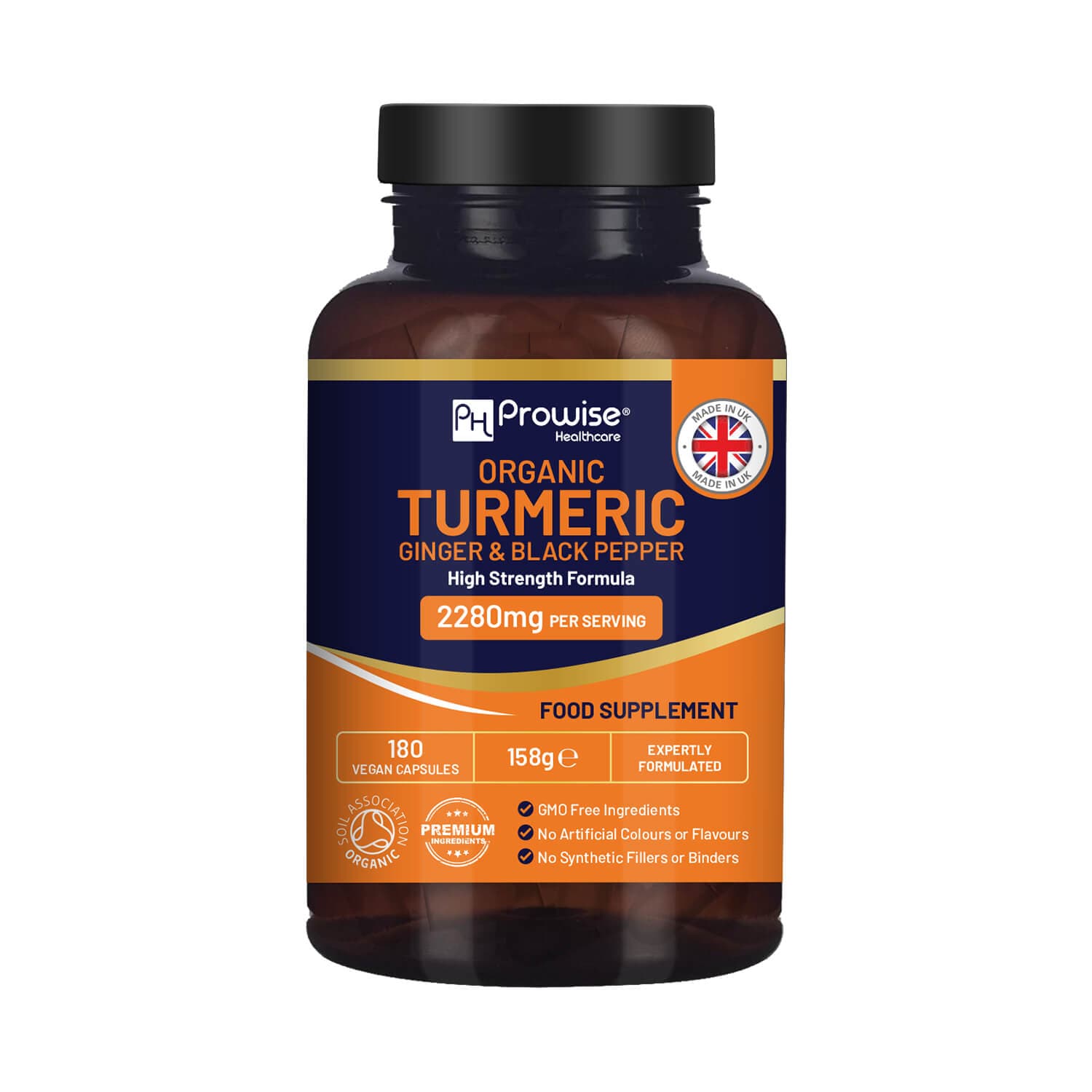 Organic Turmeric 2280mg (High Strength) with Black Pepper & Ginger - 180 Vegan Turmeric Capsules with Active Ingredient Curcumin