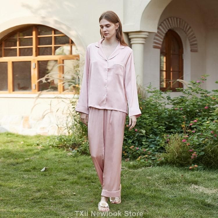 Ice Silk Pajamas Women's Style Lapel Spring and Summer Long Sleeve Home Suit S pink