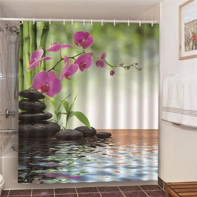 Rural Landscape Creek Stone Lotus Buddha Shower Curtain Bathroom Curtain Fabric Waterproof Polyester Bathroom Curtain with Hooks 180*200CM