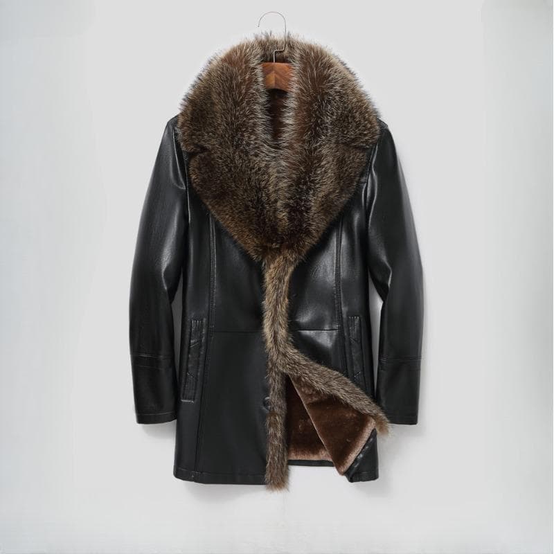 Genuine Leather Leather Jacket Men's Medium-length Suit Collar Fur One Leather Jacket Men's Raccoon Fur Collar Coat XXXXXL black