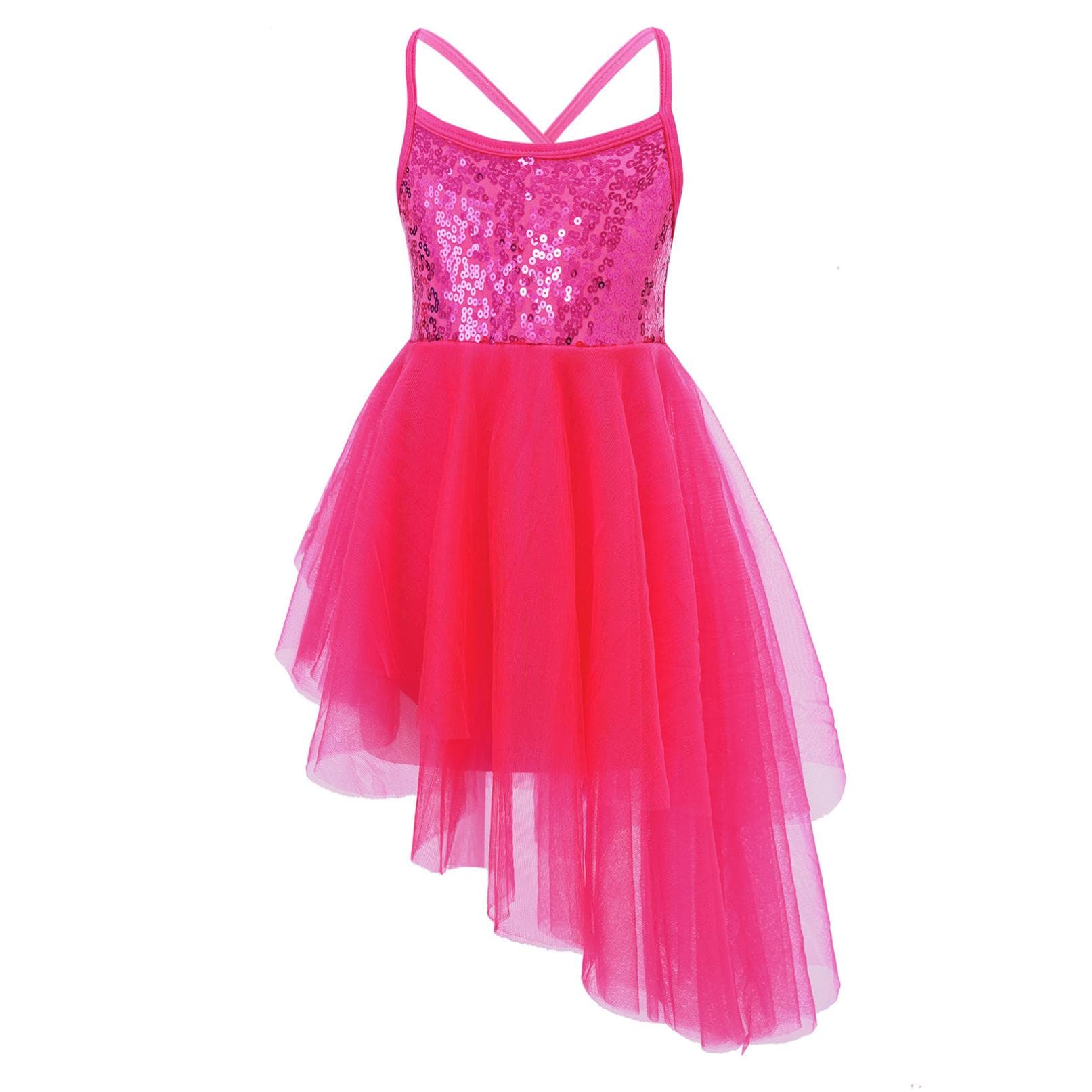 Kids Girls Stage Dance Clothing Sleeveless Sequin Asymmetrical Tulle Ballet Dance Gymnastics Leotard Dress 11-12 Years Rose