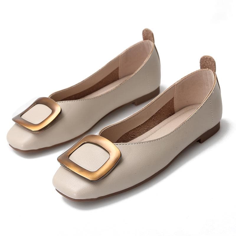 New Style Women's Single Shoes Metal Buckle Shallow Mouth Square Toe Slip-on Soft Bottom Large Size Flat Casual Women's Shoes 33