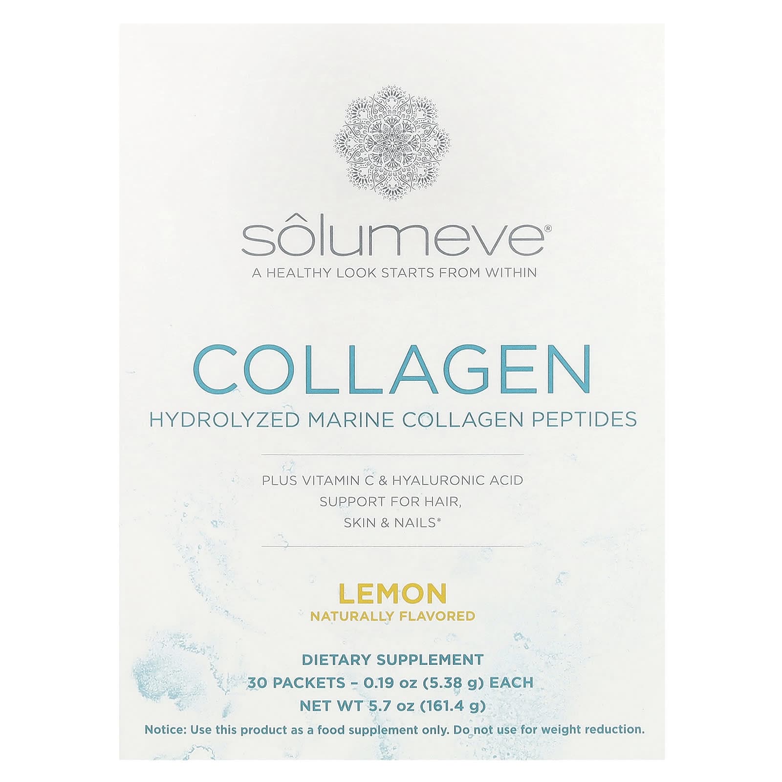 Solumeve, Marine Collagen Peptides, with Vitamin C and Hyaluronic Acid, Lemon Flavor, 30 Packets, 5.38 g (0.19 oz) Each