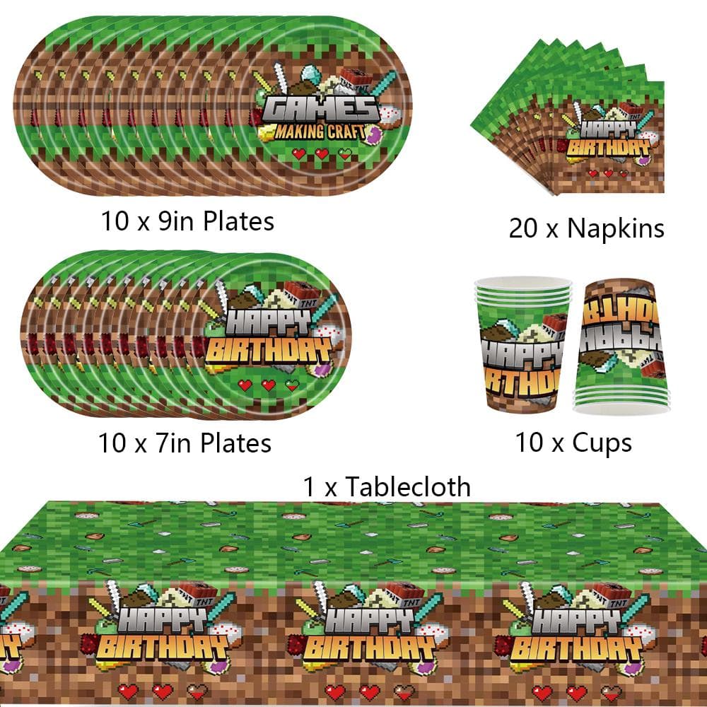 51Pcs Pixel Theme Party Supplies Include Plates, Napkins, Cups, A Tablecloth