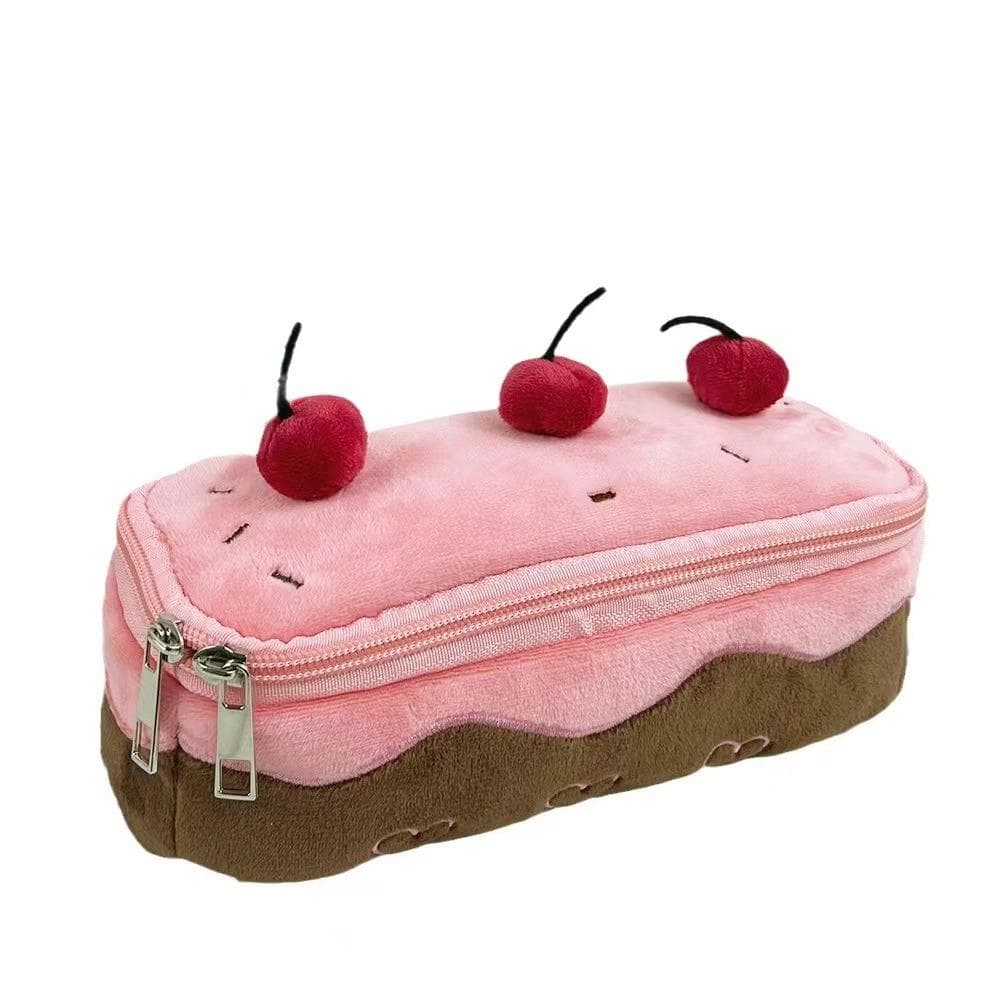 Cute plush cherry cake pencil case high value large capacity cosmetic bag student stationery bag storage bag pink
