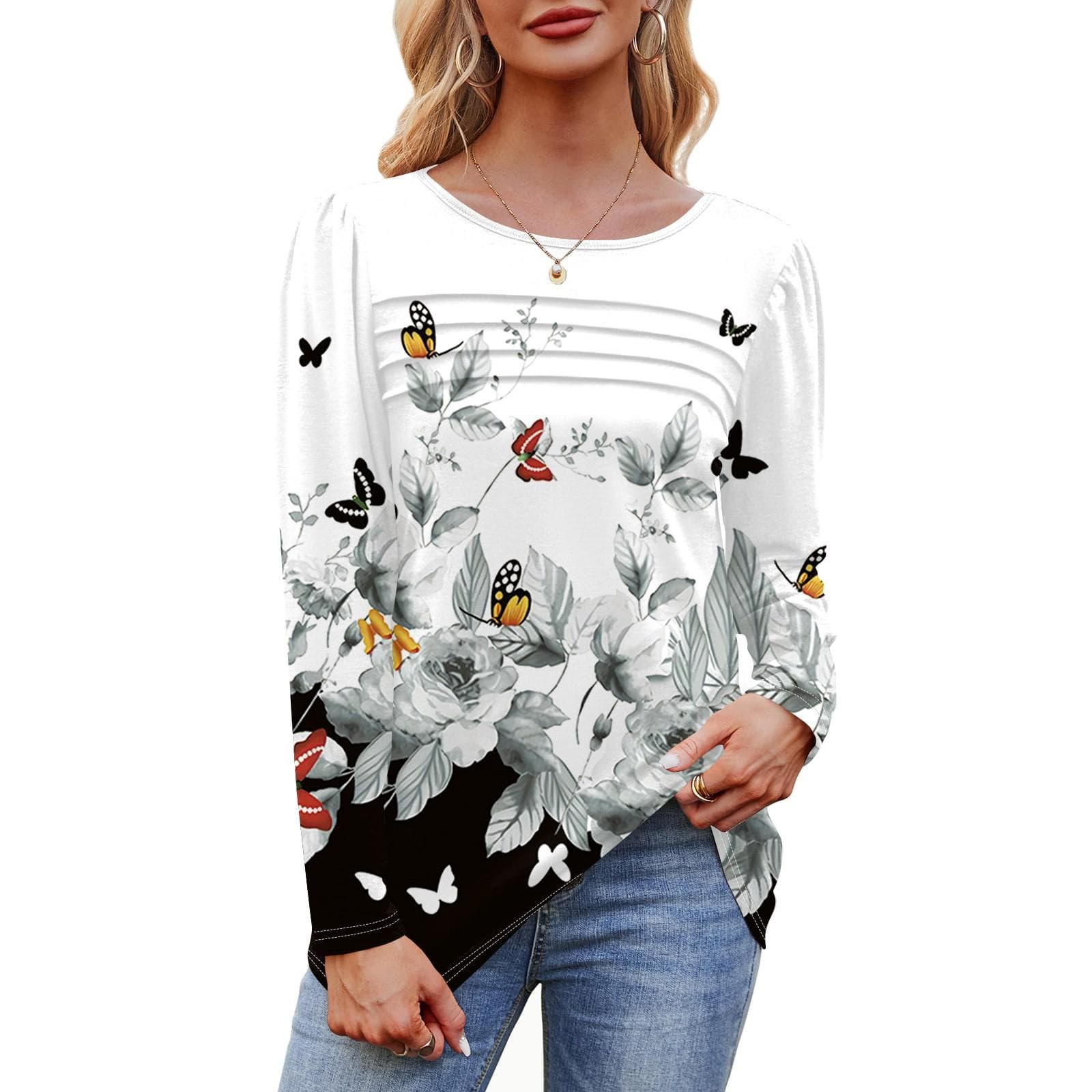 Women's Loose Casual Print Round Neck Pleated Long Sleeved Top Fashionable Top Top XL white