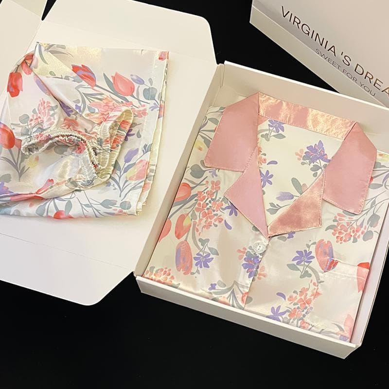 Summer New Ladies Sweet Satin Floral Printed Pajamas Set Short Sleeve+Pants Women Cute Homewear Casual Wear XXL